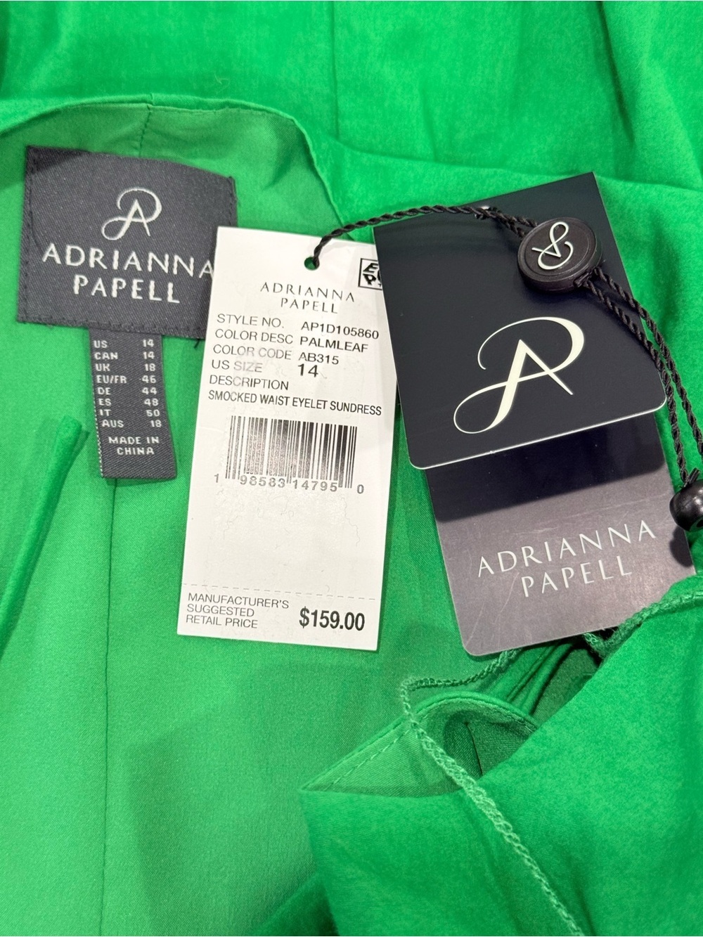 Adrianna Papell Smocked Waist Tie Sleeve Eyelet Cotton Sundress Kelly Green NWT - Picture 14 of 15